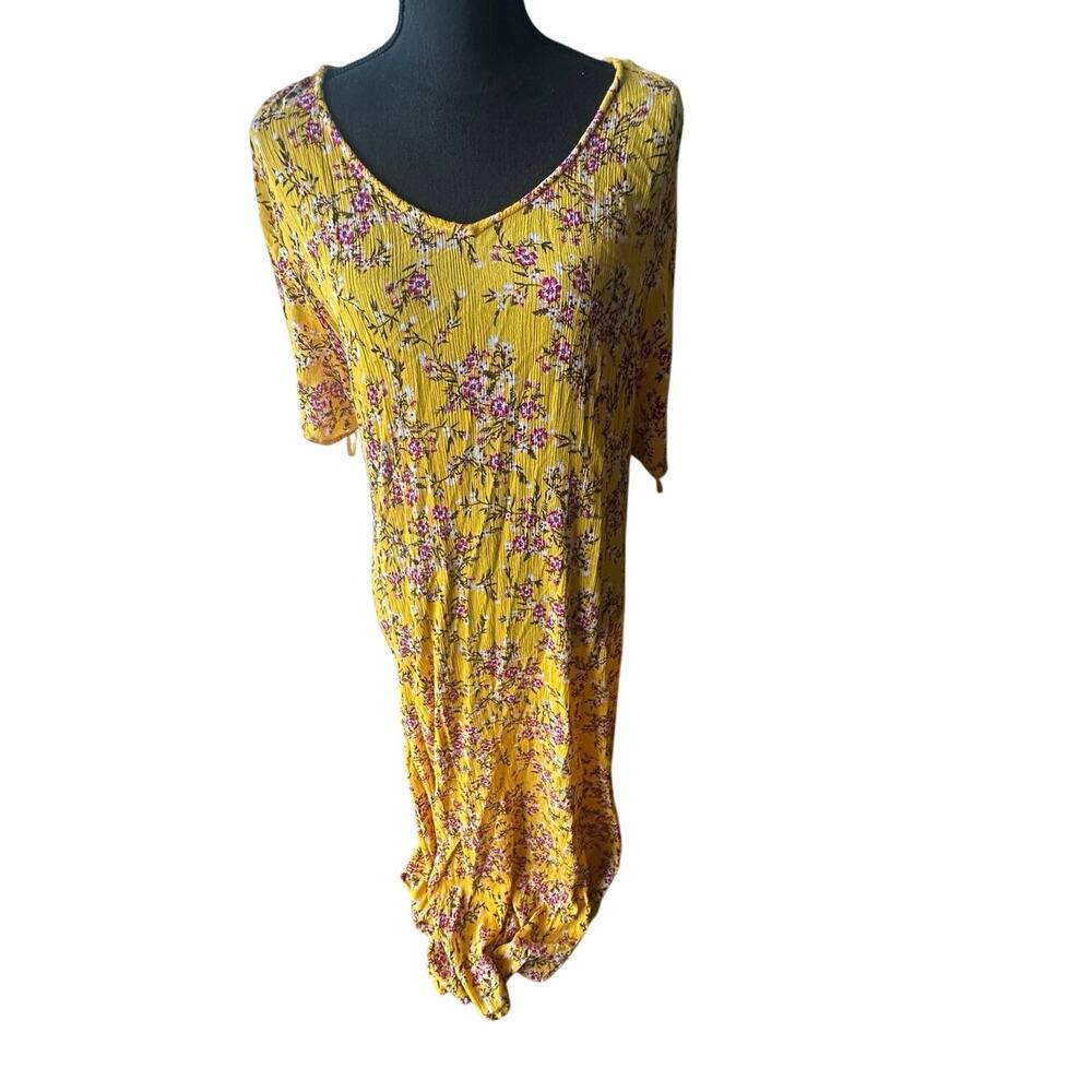 Woman Within Yellow Floral Crinkle Maxi Dress 2X Boho Flowy Comfy Chic